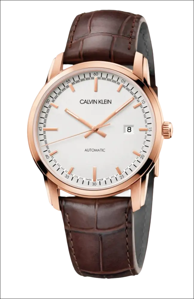 Orologio automatico Calvin Klein Infinite Uomo con cassa rosa oro, quadrante bianco e cinturino in pelle marrone
