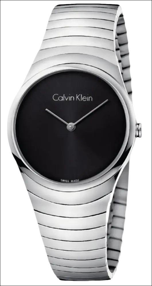 Orologio da donna Calvin Klein con cinturino slat e quadrante nero in argento