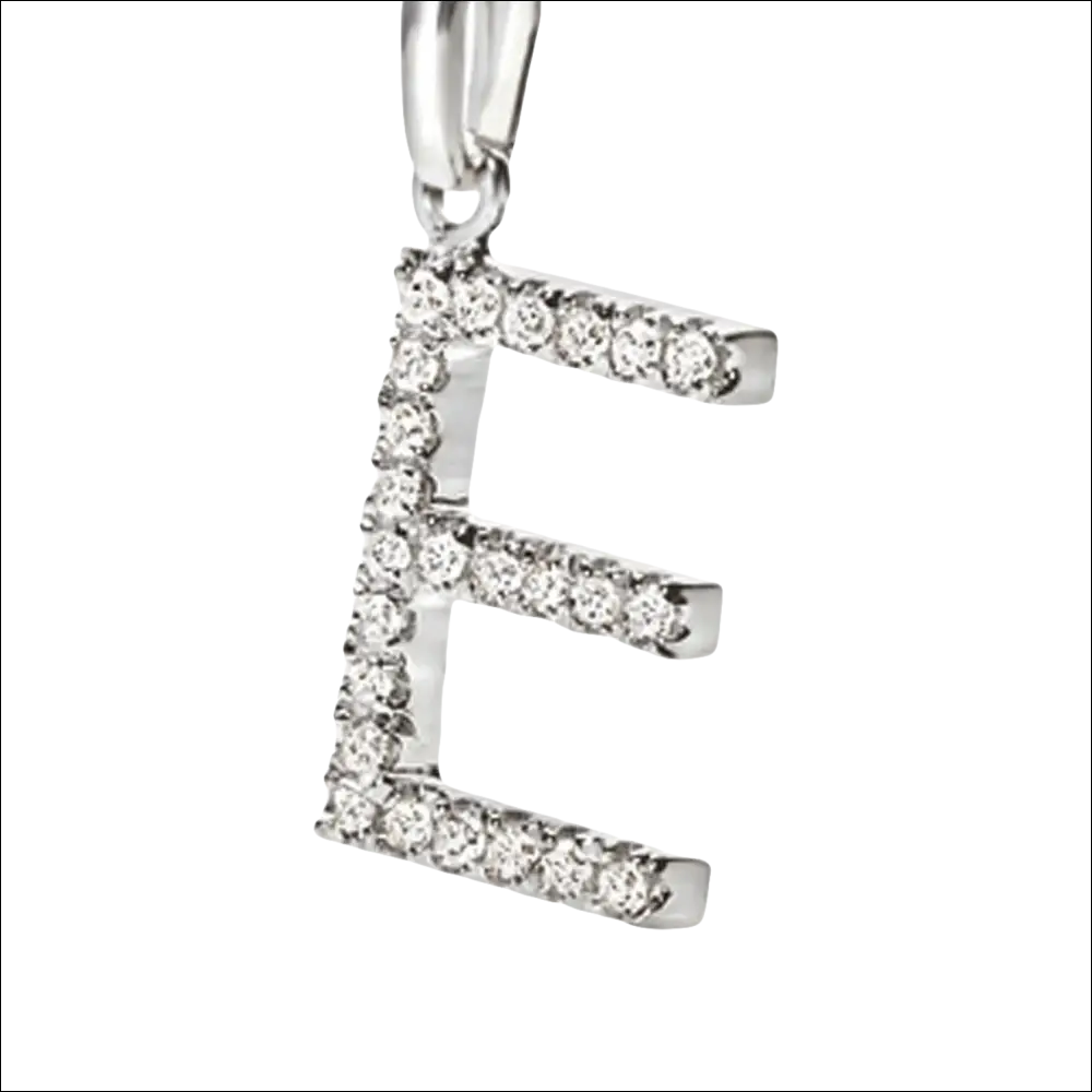 Ciondolo lettera E in oro bianco e zirconia con diamanti scintillanti