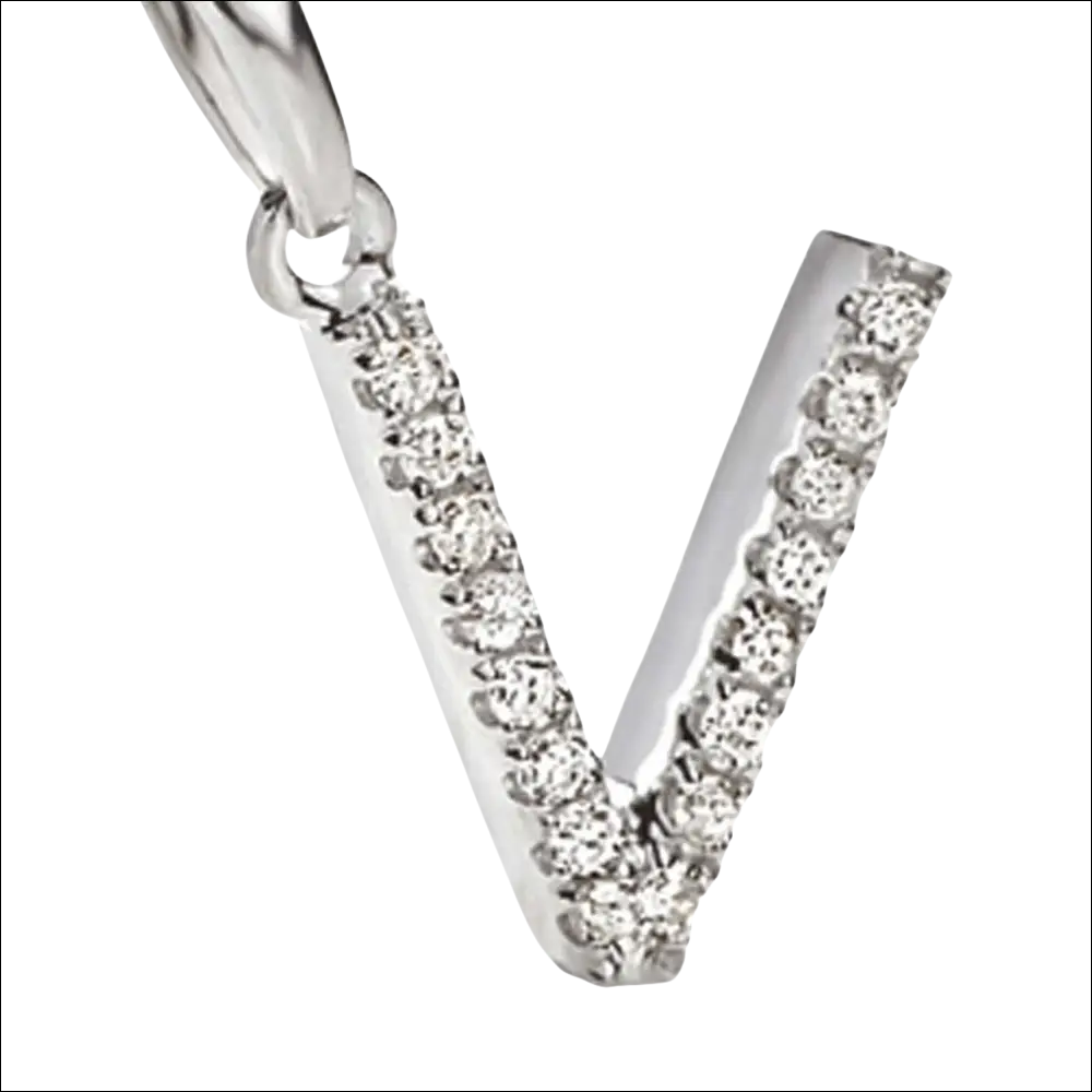 Pendente in oro bianco a forma di lettera V con zirconi e diamanti ametista