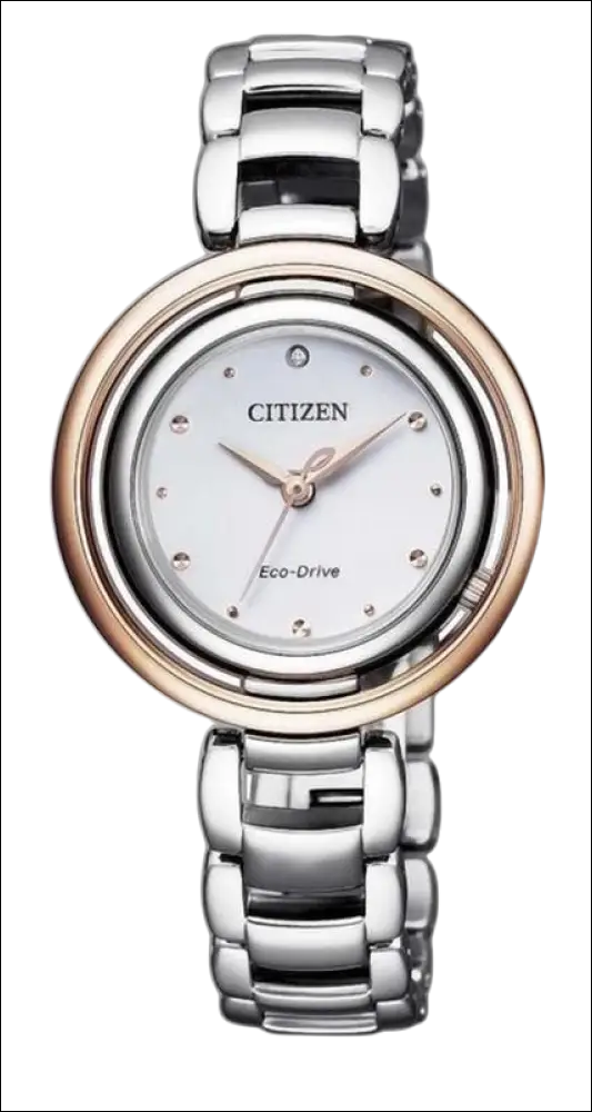 Orologio Donna Citizen Eco-Drive con cinturino argento, bezel oro rosa e quadrante bianco con cristalli