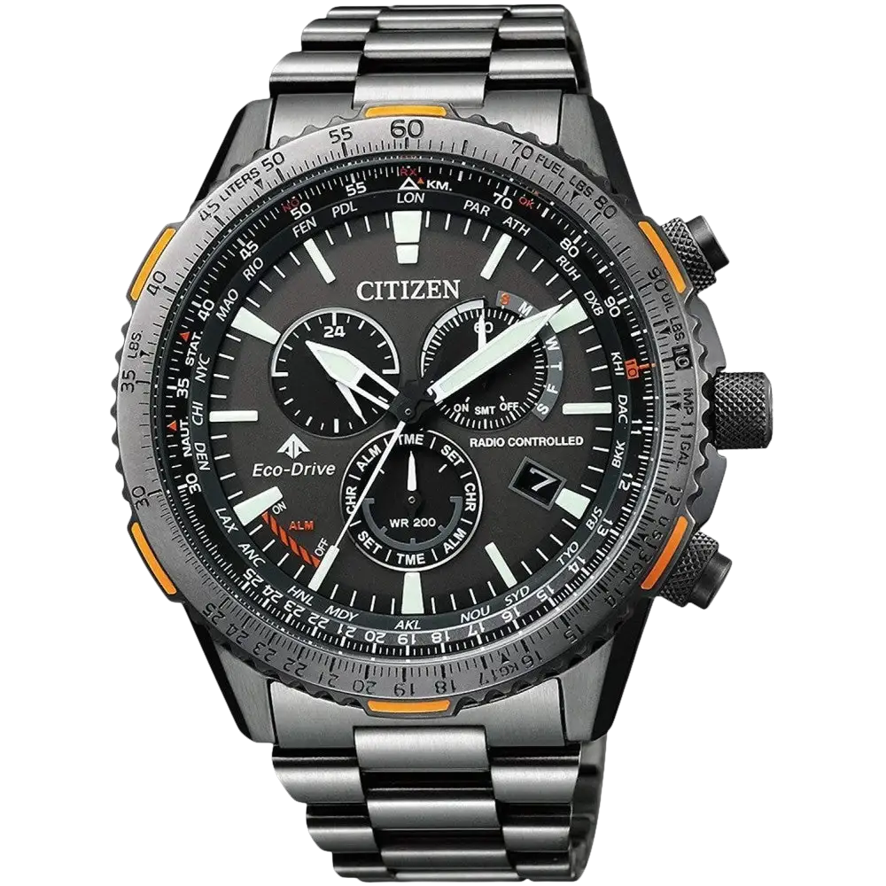 Orologio Citizen Eco-Drive radio-controlled cronografo in acciaio con dettagli arancioni