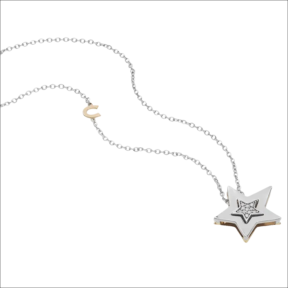 Collana Stella Oro Bianco e Diamanti con pendente a stella e charm C in oro