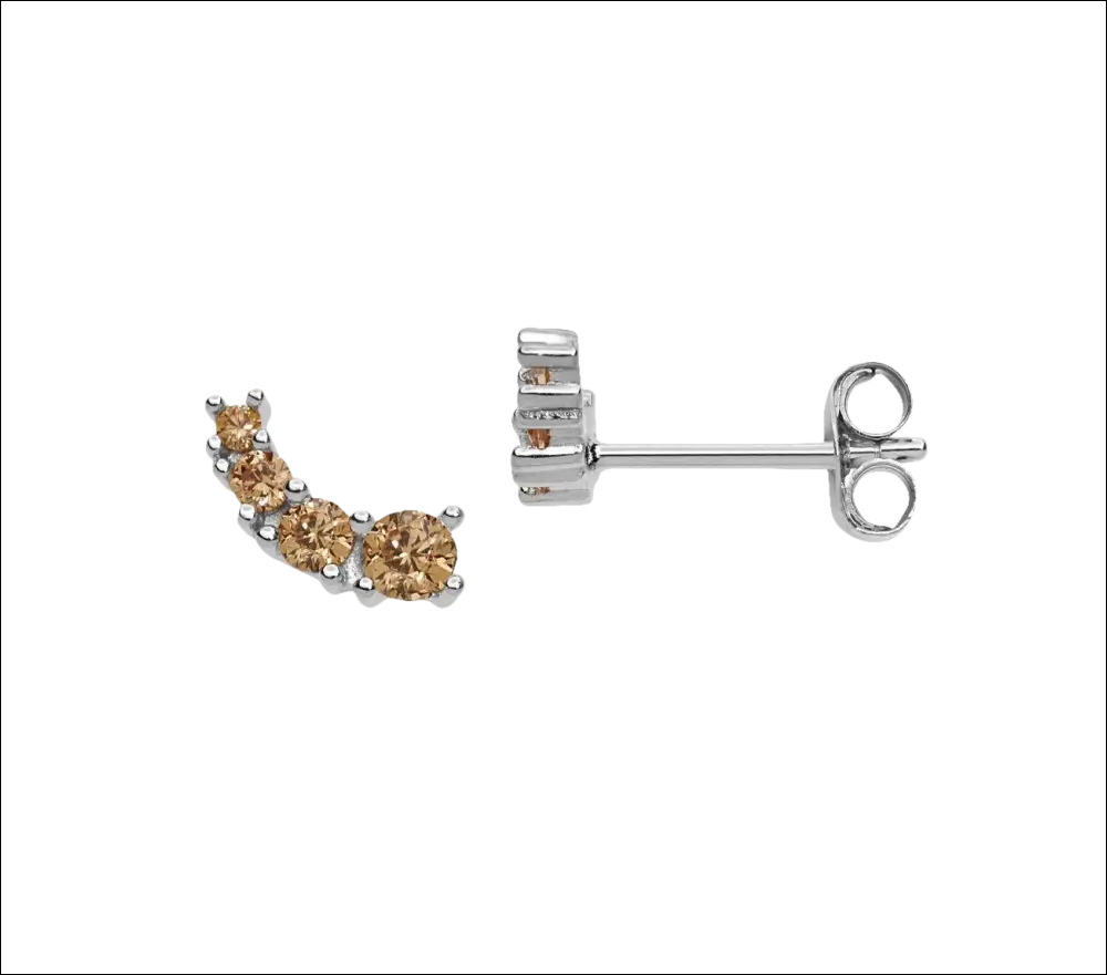Orecchini Argento Cristalli Champagne con cinque zirconi marroni e linea curva