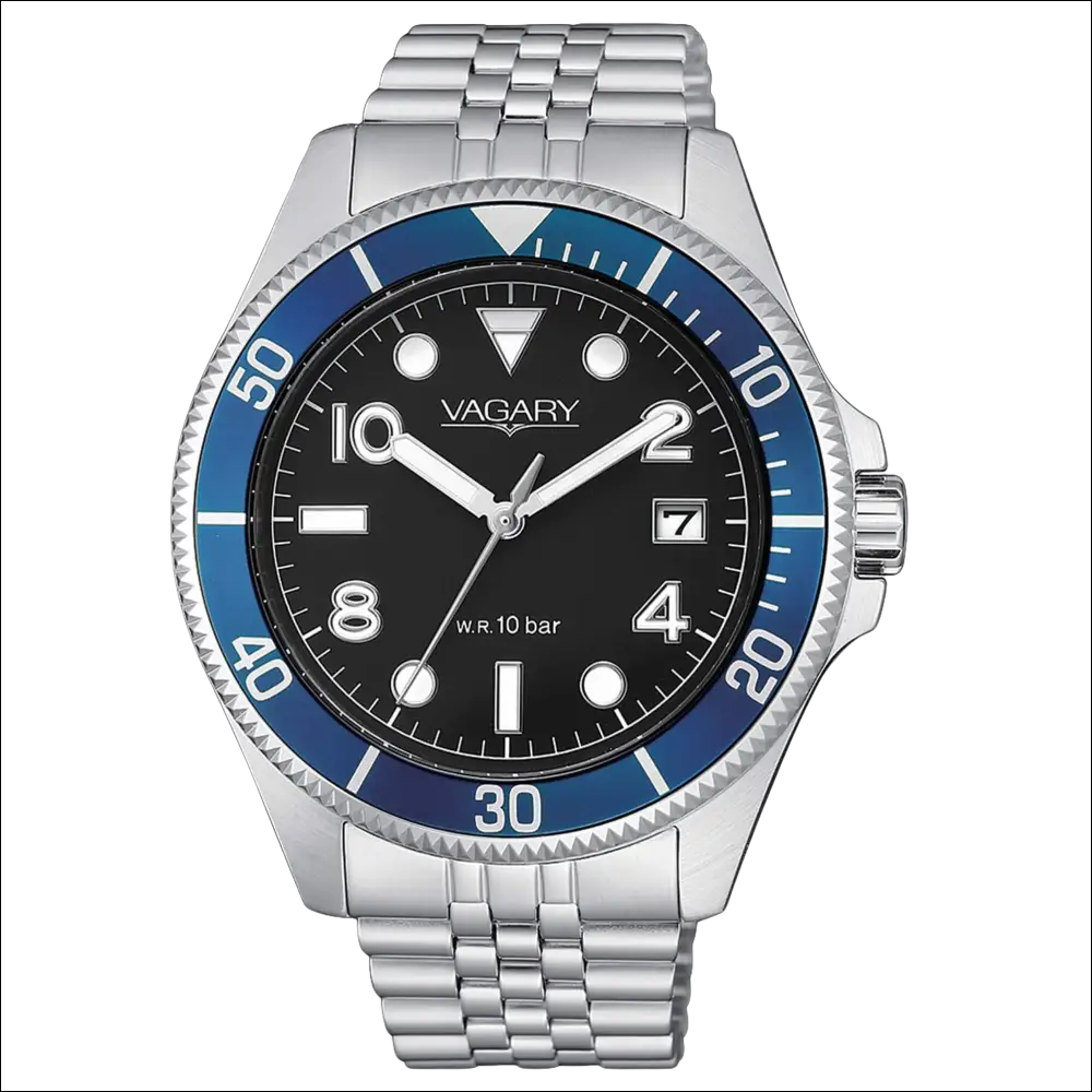 Orologio da uomo VAGARY Aqua 39 con cinturino in acciaio, quadrante nero e bezel blu