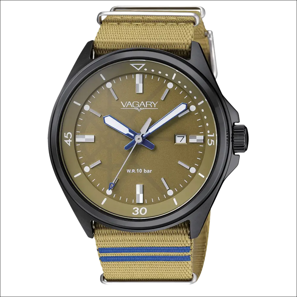 Orologio VAGARY uomo acciaio con quadrante oliva e cinturino khaki