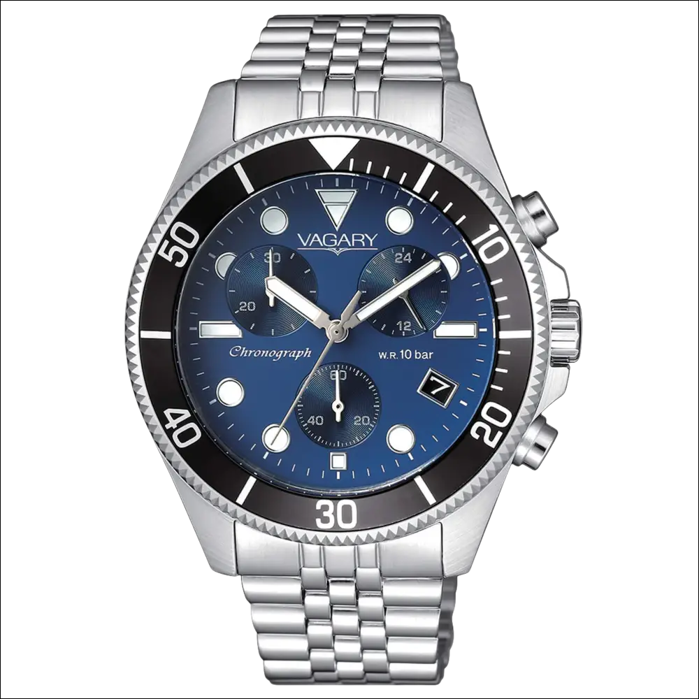 Orologio cronografo uomo argento con quadrante blu e lunetta nera VAGARY Cronografo Aqua VS1-019-71