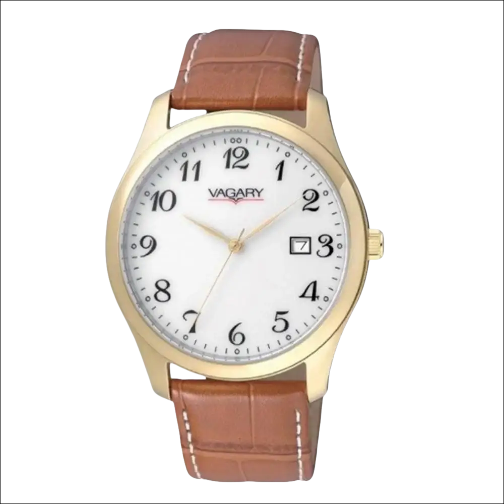 Orologio da uomo VAGARY Infinity 90th con quadrante bianco, cinturino in pelle marrone